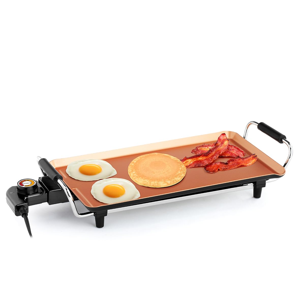 Holstein Housewares 16-Inch Electric Griddle, Healthy-Eco Non-stick Coating and Smokeless, Large Cooking Surface for Making Eggs, Chicken Chops and Ham, Multifunctional, Copper and Black Color