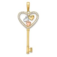 14k Yellow Gold w/White & Pink Rhodium-Plating Shiny-Cut Hearts Key Pendant