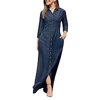 Womens Fashion Button Down Long Sleeve Maxi Dress Casual V-Neck Collared Sexy High Split Loose Tunic Long Dresses