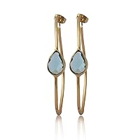 Gold Plated Pear Shape Dangle Brass Jewelry | Blue Topaz Statement Hoop Stud Gemstone Earring | Handmade Gift For Her Earring Jewelry | 253710