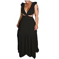 Plus Size Sexy Deep V Neck Dress for Women Sleeveless Leak Waist Summer Solid Dresses Long Maxi Flowy Swing Dress