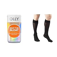 OLLY Beat The Bloat Capsules, Digestive Support - 25 Count & Truform Sheer Compression Stockings, 8-15 mmHg, Knee High Length, Black, Medium
