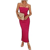 Woolicity Womens Summer Strapless Bodycon Maxi Tube Dress Split Sexy Party Club Casual Elegant Dress Rose Red XXL