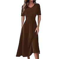 Women's Summer Dresses 2024 Casual Fashion Solid Color V-Neck Short Sleeve Waist Long Swing Dress Cocktail, S-2XL