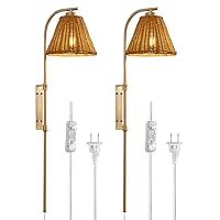Rattan Wall Sconce Wrapped Wall Lamp, Adjustable Height and Direction Wall Light Fixture Gold Vintage Bedside Light Wicker Handmade Shade Reading Light Plug in and Switch (2 Pack)