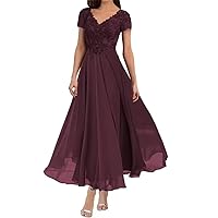 Chiffon Burgundy Mother of The Bride Dress Tea Length Lace Appliques V-Neck Evening Dresses for Women Formal, US 16