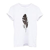 Womens Short Sleeve Tops Cute Casual Feather Printed Shirt Loose Lightweight Crewneck Blouse 2024 Summer Comfy Fashion Tees