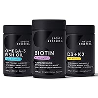 Sports Research Vegan Biotin 10,000 mcg 120 Softgels, Triple Strength Omega 3 Fish Oil 1250 mg (90 Count) and Vegan Vitamin D3 (5000iu) + K2 (100mcg Mk7) 60 Softgels