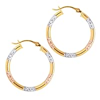 10k Yellow White Rose Gold Shiny Sparkle Cut Round Hoop Earrings With Hinged Clasp Jewelry Gifts for Women