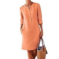 Women Cotton and Linen Button Shirt Dress Plus Size Crewneck Long Sleeve Casual Loose Midi Dresses with Two Pockets