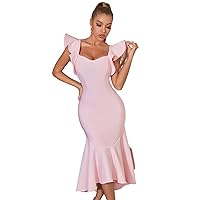 Exclusive Luxury Women Evening Elegant Dress Pink Ruffle Backless Fishtail Bandage Party Dress