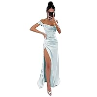 Eightale Prom Dresses Long Off Shoulder Cowl Neck High Slit Formal Party Gowns
