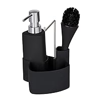 WENKO Sponge, Dish Brush and Dishcloth Holder, 4 in 1 Soap Dispenser for Kitchen Sink, Dispenser Pump, Set With Tray, 4.3 x 7.5 x 4.9 inch, Black