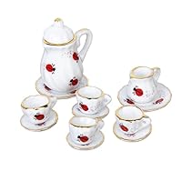 15Pcs 1/12 Doll House Miniature Dining Ware Porcelain Tea Set Dish Cup Plate Ladybug PrintMiniature Tea Set