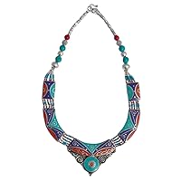 Tibetan Silver Handmade Necklaces for Women Ethnic Tribal Bohemian Designer Fashion Necklace Coral Turquoise Lapis Lazuli Gemstone Multi Color Boho Gift Jewelry
