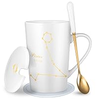 -15oz Pisces Birthday Gift Ceramic Creative Constellation Zodiac Coffee Mug Set wiht Long Handle Spoon Capacity Upgrade Tea Cup for Cocoa Water Milk Juice (Pisces-White Gold)