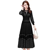 Elasti Pleated Long Dress Spring Women' Lantern Sleeves Two Pieces Over Lace Mesh