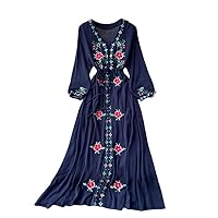 Women' Dress Travel Photography Holiday Long Retro Ethnic Style Embroidered V-Neck Lantern Sleeve