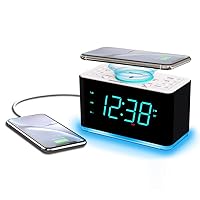 ER100401 Smartset 15Watt Ultra Fast Wireless Charging Dual Alarm Clock Radio with Bluetooth Speaker, USB Charger, Cyan LED Night Light and 1.4
