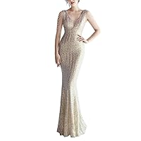 Mordarli Women's Beadings Back Sequins Prom Dresses with Slit Long Formal Dresses Spaghetti Evening Gowns