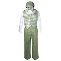 Boy Formal Wedding Sage Green Gingham Checks Vest Bow Suits Set Hat 2T-4T