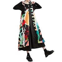 Vintage Print Strap Dresses for Women Patchwork Sleeveless Casual Loose Dress Elegant Clothing Spring Autumn