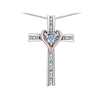 10k Rose Gold Two Tone Love Cross with Heart Stone Pendant Necklace
