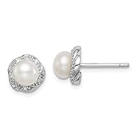 925 Sterling Silver Polished Rhodium Freshwater Cultured Pearl and Diamond Post Earrings Measures 8x8mm Wide Jewelry for Women