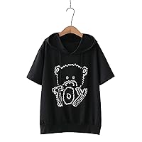 Kawaii Hoodie for Womens - Japanese Summer Cartoon Printed Bear Straight Short Sleeve Sweater Women's Hoodie T-Shirt (Color : Black, Size : One Size)