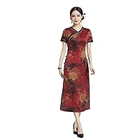 Women Midi Dress Silk Fragrant Cloud Yarn Chinese Peony Printing Young Fashion Dress 2504