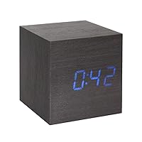 Lancoon Wooden Alarm Clock - Mini Cube LED Digital Clock with Time/Date/Temperature Display, 3 Levels Brightness and Voice Control Great for Home Office Travel - AC10Black_Blue