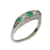 925 Sterling Silver Real Genuine Emerald and Cultured Pearl Womens Band Ring
