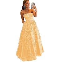 Glitter Sequin Prom Dresse Strapless Sleeveless Lace Embroid Prom Gown Scoop A-Line Formal Party Dress