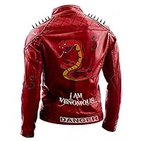 LP-FACON Mens Rock Punk Biker I am Venomous Serpents Studded Spikes Red Motorbike Leather Jacket