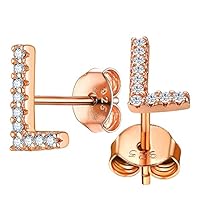 Hypoallergenic Initial Earrings Rose Gold Plated Dainty Minimalist Jewelry Cubic Zirconia Alphabet A-Z Letter Stud Earrings for Women Girls Sensitive Ears, Letter L