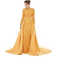 Long Sleeves Sequins Mermaid Prom Evening Dresses with Overskirt Party Gown