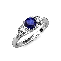 Blue Sapphire and Diamond Three Stone Ring with Diamond on Side Bar 1.55 ct tw 14K White Gold