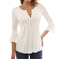 Women's V Neck Pleated Loose Blouses 3/4 Bell Sleeve Button Up Solid Color Work T Shirt Tunic Tops