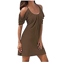 Summer Basic Cold Shoulder Tunic Dress Women Ruched Short Sleeves Spaghetti Strap Dress Casual Scoop Neck Mini Dress