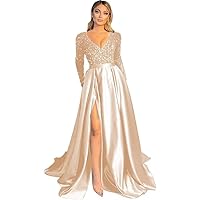 Sparkly Sequin Prom Dresses V Neck Long Sleeve Bridesmaids Dress High Slit with Pockets Formal Evening Party Gowns