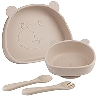 Silicone Baby Feeding Set,4 pcs Suction Plates for Baby,Divided Plates for Toddlers and Kids,Baby Spoon Fork Set for Toddlers,Christmas Plates for Kids (Beige)