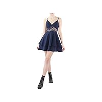 Womens Navy Zippered Sheer Tiered Adjustable Straps Spaghetti Strap V Neck Mini Party Fit + Flare Dress Juniors 0