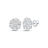 The Diamond Deal 14kt White Gold Mens Round Diamond Flower Cluster Earrings 7/8 Cttw