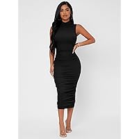Dresses for Women Mock Neck Ruched Bodycon Dress (Color : Black, Size : XX-Small)
