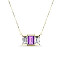 Emerald Cut (6x4 mm) Amethyst & Natural Diamond 1 1/3 ctw Women Three Stone Pendant Necklace 14K Gold