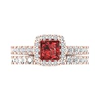 Clara Pucci 1.60ct Princess cut Custom Engraving Halo Natural Dark Red Garnet Engagement Ring Band Wedding Bridal Set 14k Rose Gold 10