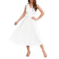 Womens Casual Summer Dress Womens Summer 2023 New Solid V Neck Mid Waist Lace Up Sleeveless Elegant Long Dress