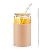 sungwoo Glass Cups with Bamboo Lids and Straws, 16OZ Ice Coffee Cup, Drinking Cup set with Wooden Lids and Silicone Sleeve, Home Essential Glass Tumblers for Beer, Cocktail, Tea and Latte 1 Pack Khaki
