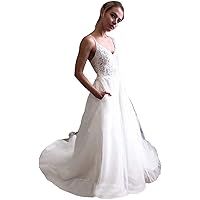 Women's Spaghetti Strap Tulle Long Beach Wedding Dresses for Bride with Train Lace Appliques Bridal Ball Gowns
