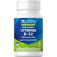 B-12 5000mcg 60 Count, Supports Energy Metabolism and Nervous System Health, for Men and Women